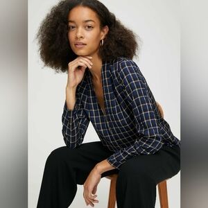BABATON Power Blouse Navy Base Check Plaid M